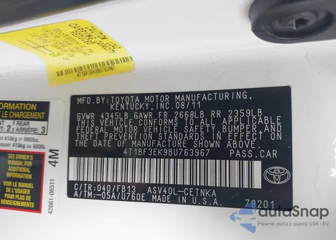 2011 Toyota Camry Le z USA, uszkodzony, nr VIN 4T1BF3EK9BU763967